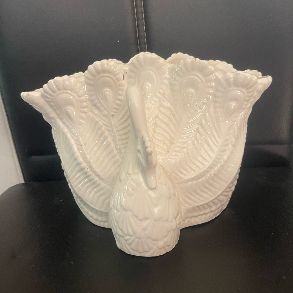 Vintage peacock planter vase 2 sided peacock white art pottery Unique